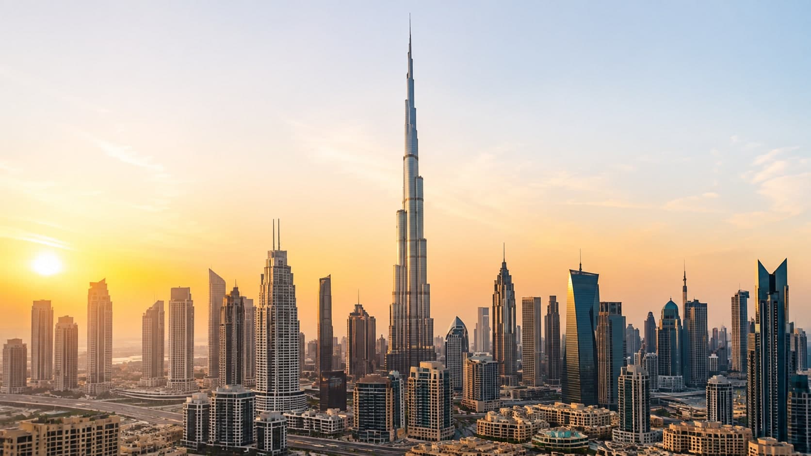 Panoramic view of the Dubai skyline with Burj Khalifa at golden sunrise