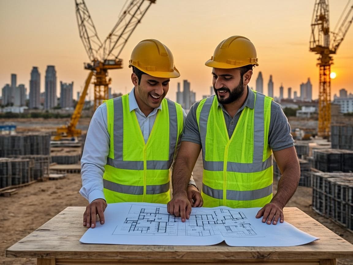 A fit-out crew at work on an office interior in Al Quoz — exposed services, drywall lines and site lighting — the build stage behind Binaa Core’s sector pages