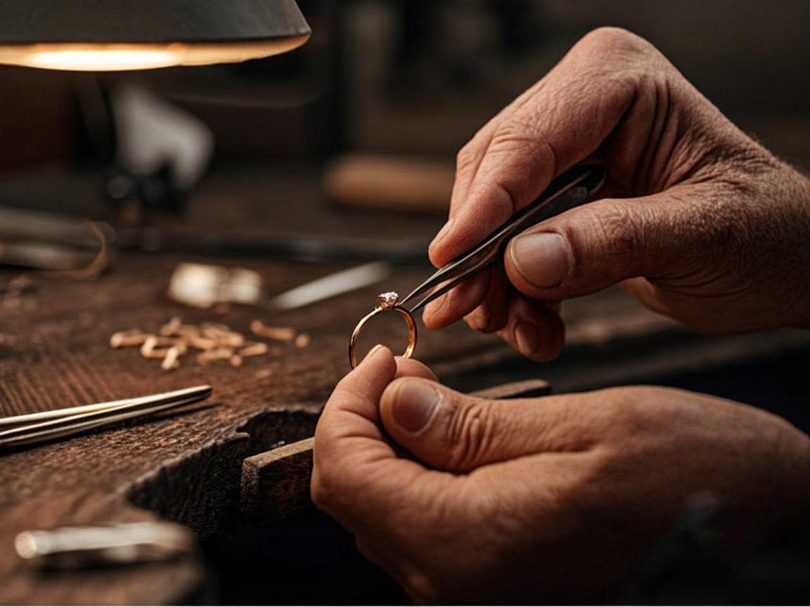 A Maison Layali jeweler at the bench crafting a diamond ring by hand — the Gold & Diamond Park workshop behind the non-brand organic revenue this file tracks